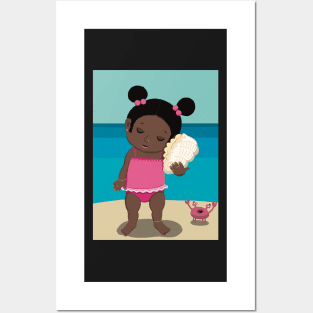 Vacation mood on - cute little dark girl having a quiet moment on the beach listening to the sound of a seashell, saturated ,no text Posters and Art